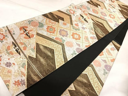 平和屋着物◎六通柄袋帯　唐織　吉祥向かい鳥花文　金糸　正絹　逸品　AABK4667yx