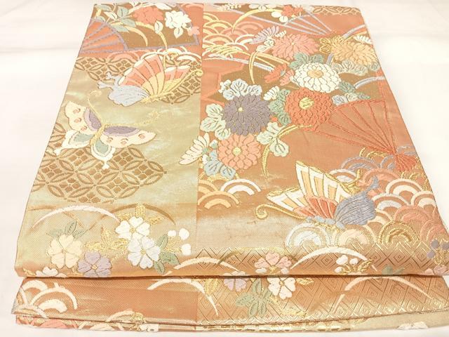 平和屋着物◎佐賀錦　六通柄袋帯　唐織　扇面花蝶文　金糸　正絹　逸品　AABK4670yx