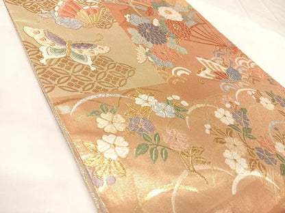 平和屋着物◎佐賀錦　六通柄袋帯　唐織　扇面花蝶文　金糸　正絹　逸品　AABK4670yx