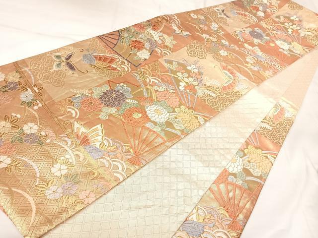 平和屋着物◎佐賀錦　六通柄袋帯　唐織　扇面花蝶文　金糸　正絹　逸品　AABK4670yx