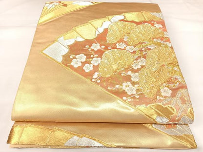 平和屋着物◎六通柄袋帯　唐織　扇面梅松文　金銀糸　正絹　逸品　AABK4674yx