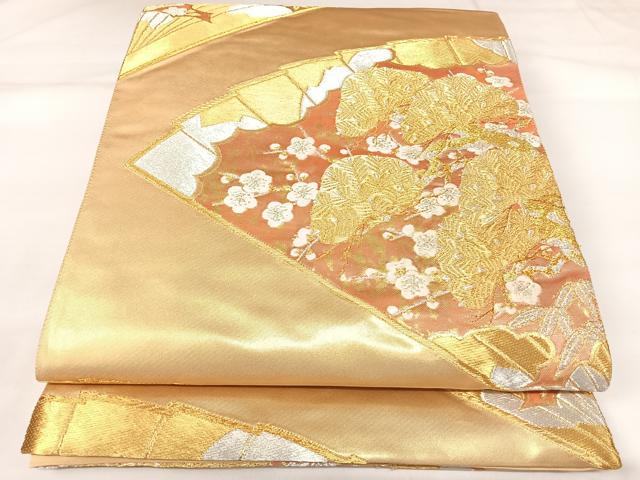 平和屋着物◎六通柄袋帯　唐織　扇面梅松文　金銀糸　正絹　逸品　AABK4674yx