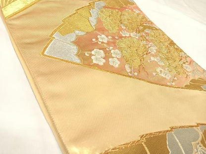 平和屋着物◎六通柄袋帯　唐織　扇面梅松文　金銀糸　正絹　逸品　AABK4674yx