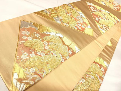 平和屋着物◎六通柄袋帯　唐織　扇面梅松文　金銀糸　正絹　逸品　AABK4674yx
