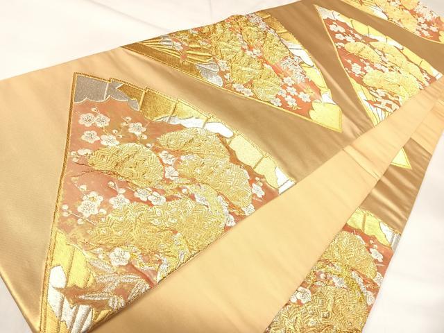 平和屋着物◎六通柄袋帯　唐織　扇面梅松文　金銀糸　正絹　逸品　AABK4674yx