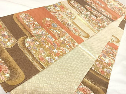 平和屋着物◎佐賀錦　六通柄袋帯　唐織　雲取り花鳥文　金糸　正絹　逸品　AABK4677yx