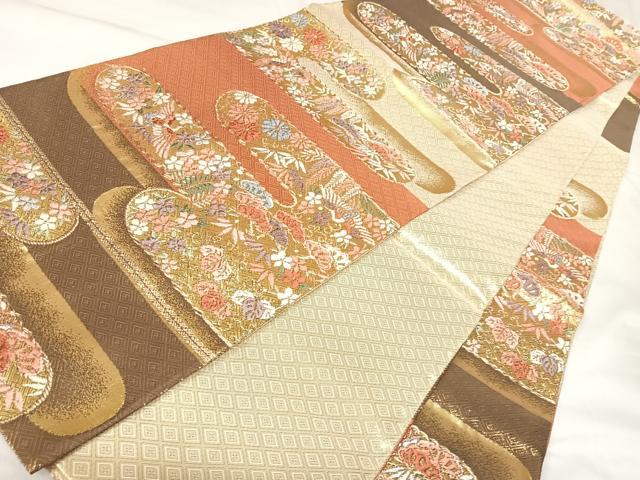 平和屋着物◎佐賀錦　六通柄袋帯　唐織　雲取り花鳥文　金糸　正絹　逸品　AABK4677yx
