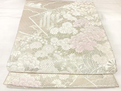 平和屋着物◎六通柄袋帯　唐織　吉祥流水花調文　銀糸　正絹　逸品　AABK4680yx