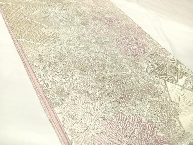 平和屋着物◎六通柄袋帯　唐織　吉祥流水花調文　銀糸　正絹　逸品　AABK4680yx