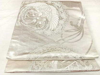 平和屋着物◎両面　全通柄袋帯　唐織　のしに鏡裏文錦　銀糸　正絹　逸品　AABK4682yx