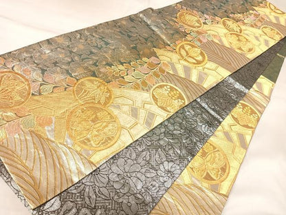 平和屋着物◎両面　六通柄袋帯　辻が花　吉祥花蝶丸文　金銀糸　正絹　逸品　AABK4685yx