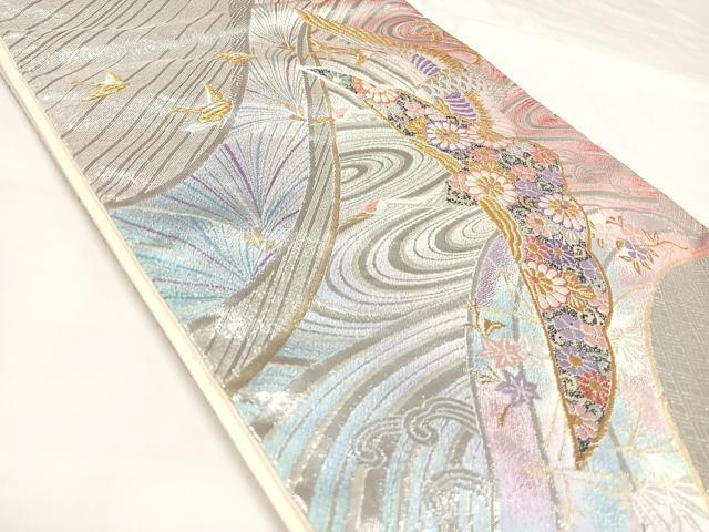 平和屋着物◎六通柄袋帯　唐織　流水飛鶴文　金銀糸　正絹　逸品　AABK4696yx