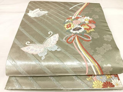 平和屋着物◎全通柄袋帯　唐織　花蝶丸文　金銀糸　正絹　逸品　AABK4699yx