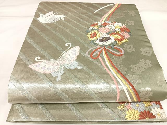 平和屋着物◎全通柄袋帯　唐織　花蝶丸文　金銀糸　正絹　逸品　AABK4699yx