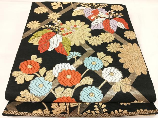 平和屋着物◎六通柄袋帯　唐織　花桐文　黒地　金糸　正絹　逸品　AABK4703yx