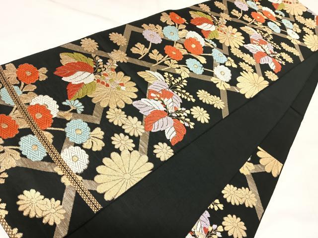 平和屋着物◎六通柄袋帯　唐織　花桐文　黒地　金糸　正絹　逸品　AABK4703yx