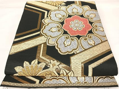 平和屋着物◎六通柄袋帯　唐織　正倉院花文　黒地　金銀糸　正絹　逸品　AABK4722yx