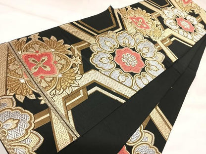 平和屋着物◎六通柄袋帯　唐織　正倉院花文　黒地　金銀糸　正絹　逸品　AABK4722yx