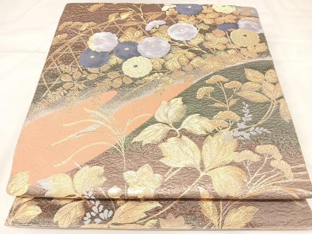 平和屋着物◎六通柄袋帯　唐織　草花文　金糸　正絹　逸品　AABK4725yx