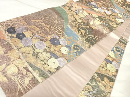 平和屋着物◎六通柄袋帯　唐織　草花文　金糸　正絹　逸品　AABK4725yx