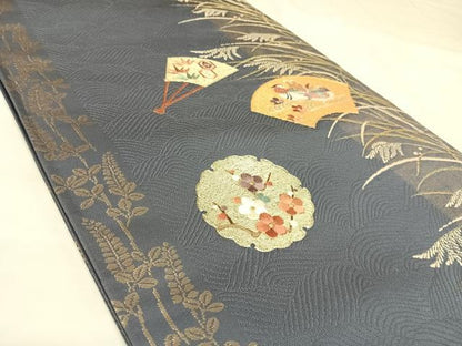 平和屋着物◎太鼓柄袋帯　刺繍　地紙鴛鴦花文　金銀糸　正絹　逸品　AABK4726yx