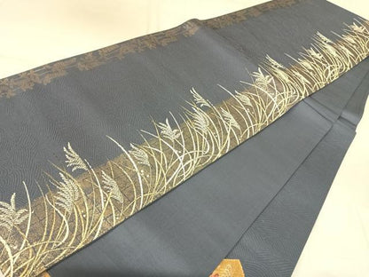 平和屋着物◎太鼓柄袋帯　刺繍　地紙鴛鴦花文　金銀糸　正絹　逸品　AABK4726yx
