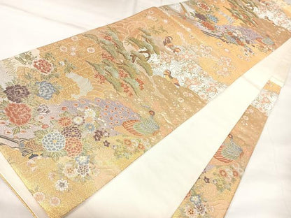 平和屋着物◎六通柄袋帯　唐織　花鳥文　金糸　正絹　逸品　AABK4729yx