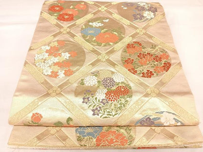 平和屋着物◎六通柄袋帯　唐織　格子花丸文　金糸　正絹　逸品　AABK4730yx
