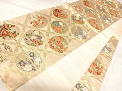 平和屋着物◎六通柄袋帯　唐織　格子花丸文　金糸　正絹　逸品　AABK4730yx