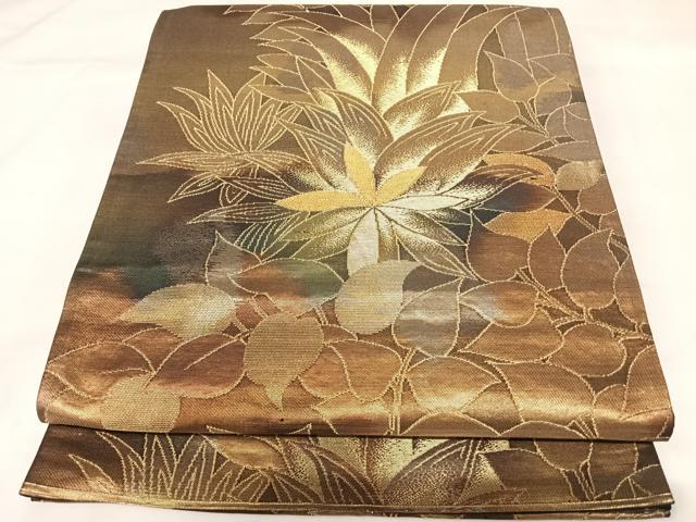 平和屋着物◎六通柄袋帯　枝葉文　金糸　正絹　逸品　AABK4734yx