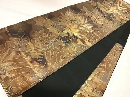 平和屋着物◎六通柄袋帯　枝葉文　金糸　正絹　逸品　AABK4734yx