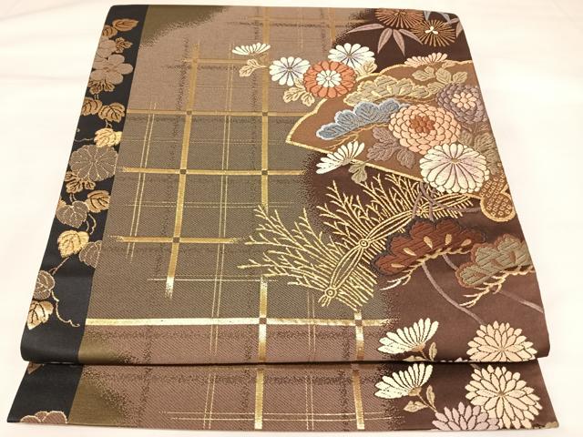 平和屋着物◎六通柄袋帯　唐織　花鼓松文　金糸　正絹　逸品　AABK4740yx