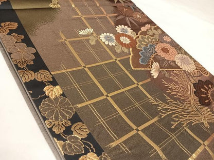 平和屋着物◎六通柄袋帯　唐織　花鼓松文　金糸　正絹　逸品　AABK4740yx