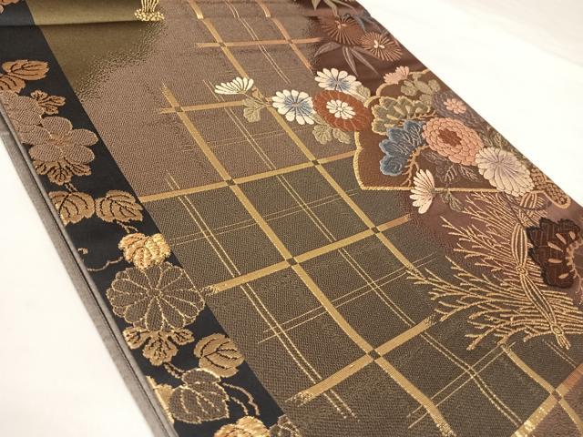 平和屋着物◎六通柄袋帯　唐織　花鼓松文　金糸　正絹　逸品　AABK4740yx
