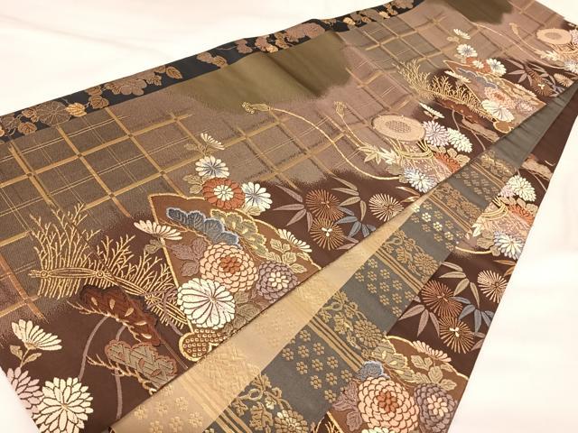 平和屋着物◎六通柄袋帯　唐織　花鼓松文　金糸　正絹　逸品　AABK4740yx
