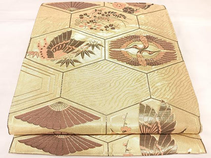 平和屋着物◎佐賀錦　六通柄袋帯　双鶴舞蝶文　金糸　正絹　逸品　AABK4743yx