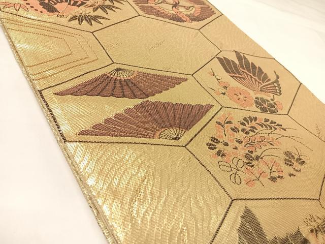 平和屋着物◎佐賀錦　六通柄袋帯　双鶴舞蝶文　金糸　正絹　逸品　AABK4743yx
