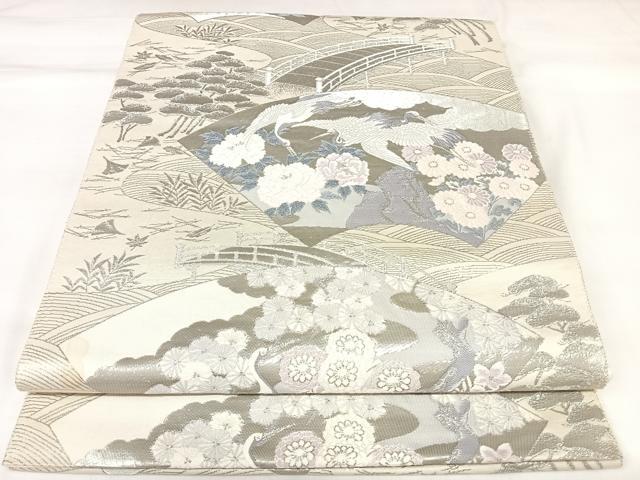 平和屋着物◎六通柄袋帯　唐織　扇面花鳥文　九百錦プラチナ箔　正絹　逸品　AABK4747yx