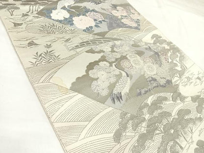 平和屋着物◎六通柄袋帯　唐織　扇面花鳥文　九百錦プラチナ箔　正絹　逸品　AABK4747yx