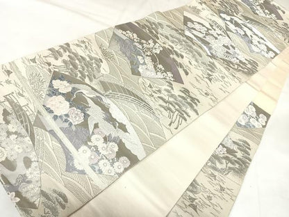 平和屋着物◎六通柄袋帯　唐織　扇面花鳥文　九百錦プラチナ箔　正絹　逸品　AABK4747yx
