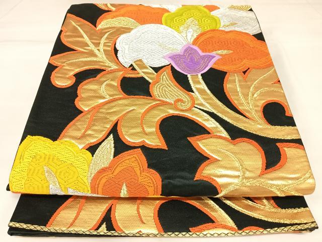 平和屋着物◎六通柄袋帯　唐織　更紗花文　黒地　金銀糸　正絹　逸品　AABK4749yx