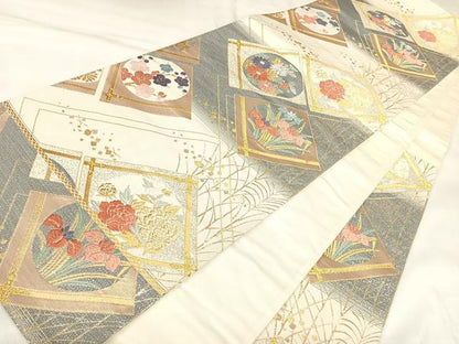 平和屋着物◎六通柄袋帯　唐織　菱取天井文　金銀糸　正絹　逸品　AABK4750yx