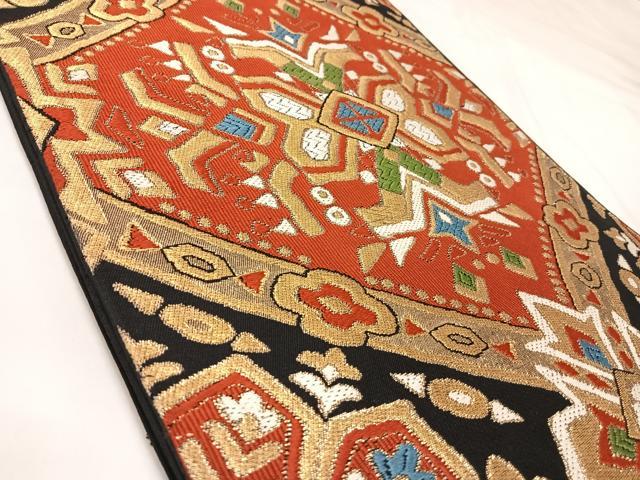 平和屋着物◎六通柄　本袋帯　唐織　幾何学花文　黒地　金糸　正絹　逸品　AABK4751yx