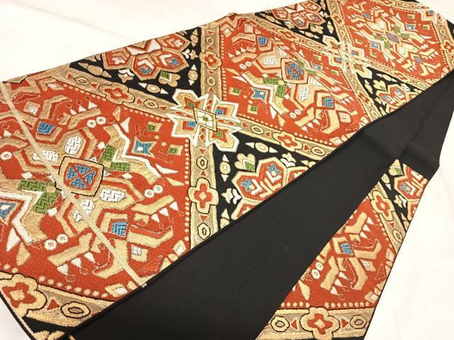 平和屋着物◎六通柄　本袋帯　唐織　幾何学花文　黒地　金糸　正絹　逸品　AABK4751yx