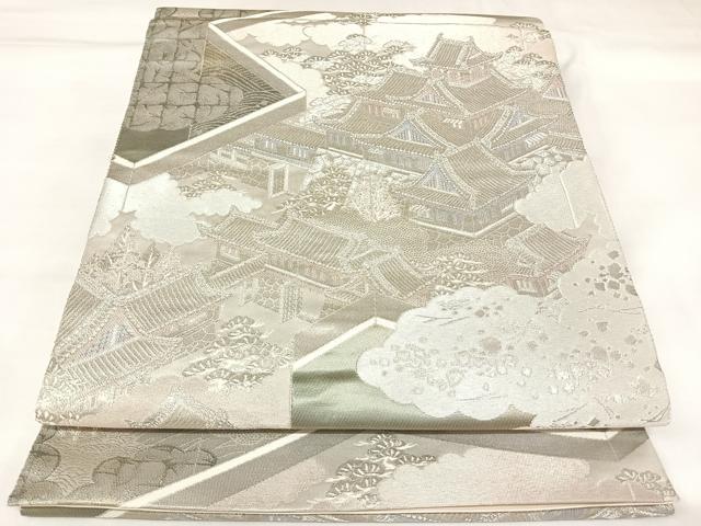 平和屋着物◎六通柄袋帯　屏風絵図文　プラチナ箔　手織二重織　正絹　逸品　AABK4756yx