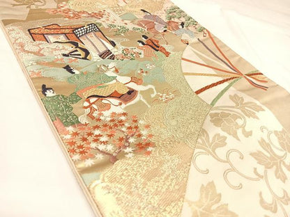 平和屋着物◎太鼓柄袋帯　唐織　人物風景文　金銀糸　正絹　逸品　AABK4758yx