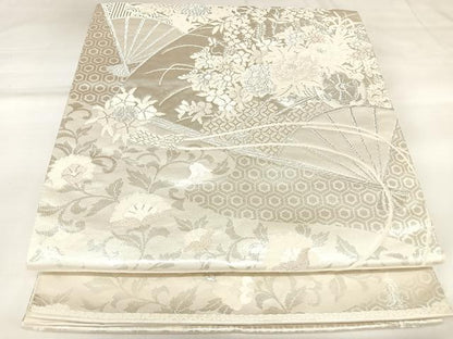 平和屋着物◎六通柄袋帯　唐織　扇面花文　美保姿　銀糸　正絹　逸品　AABK4759yx