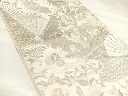 平和屋着物◎六通柄袋帯　唐織　扇面花文　美保姿　銀糸　正絹　逸品　AABK4759yx
