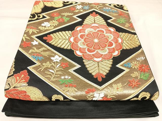 平和屋着物◎六通柄袋帯　唐織　松皮菱花文　黒地　金糸　正絹　逸品　AABK4760yx