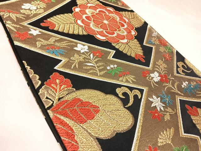 平和屋着物◎六通柄袋帯　唐織　松皮菱花文　黒地　金糸　正絹　逸品　AABK4760yx